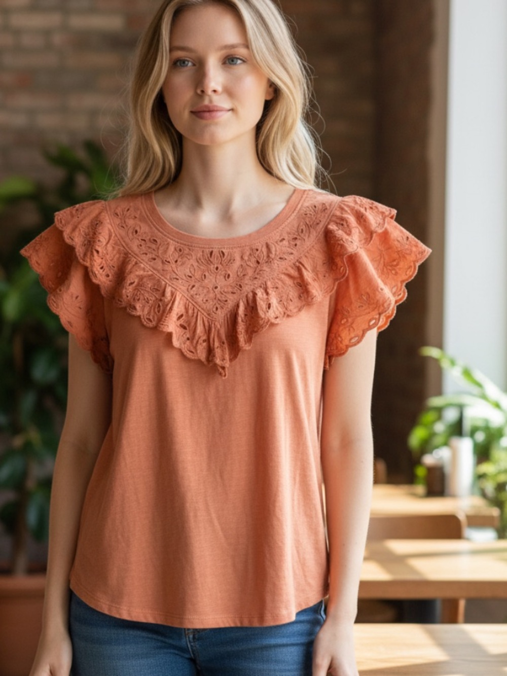 Democracy Orange Eyelet Ruffle Short Sleeve Tee